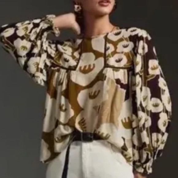 Anthropologie Bl^nk Miranda Peasant Blouse Brown Cream Small - Picture 9 of 13